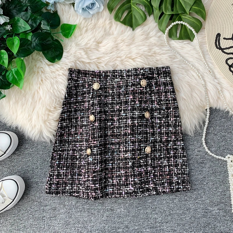 2022 New New Women Tweed Skirt Spring Autumn High Waist Slim A-line Double-breasted Mini Skirt White Black