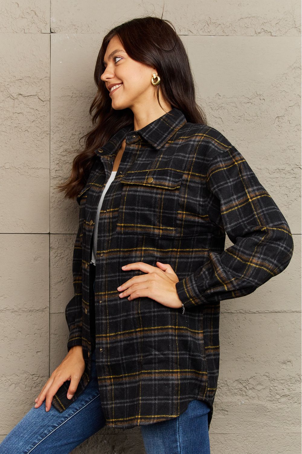 Full Size Plaid Collared Neck Button-Down Long Sleeve Jacket