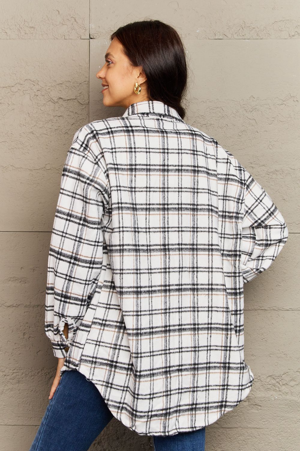 Full Size Plaid Collared Neck Button-Down Long Sleeve Jacket