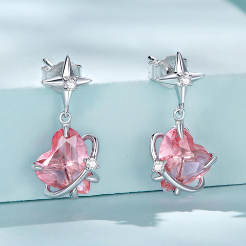 PINK HEART PLANET GOLD VERMEIL EARRINGS