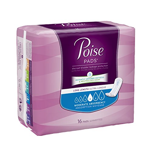 Poise Moderate Absorbency Incontinence Pads, Long, 16 Count (Pack of 6)