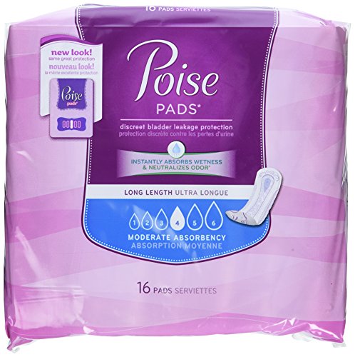 Poise Moderate Absorbency Incontinence Pads, Long, 16 Count (Pack of 6)