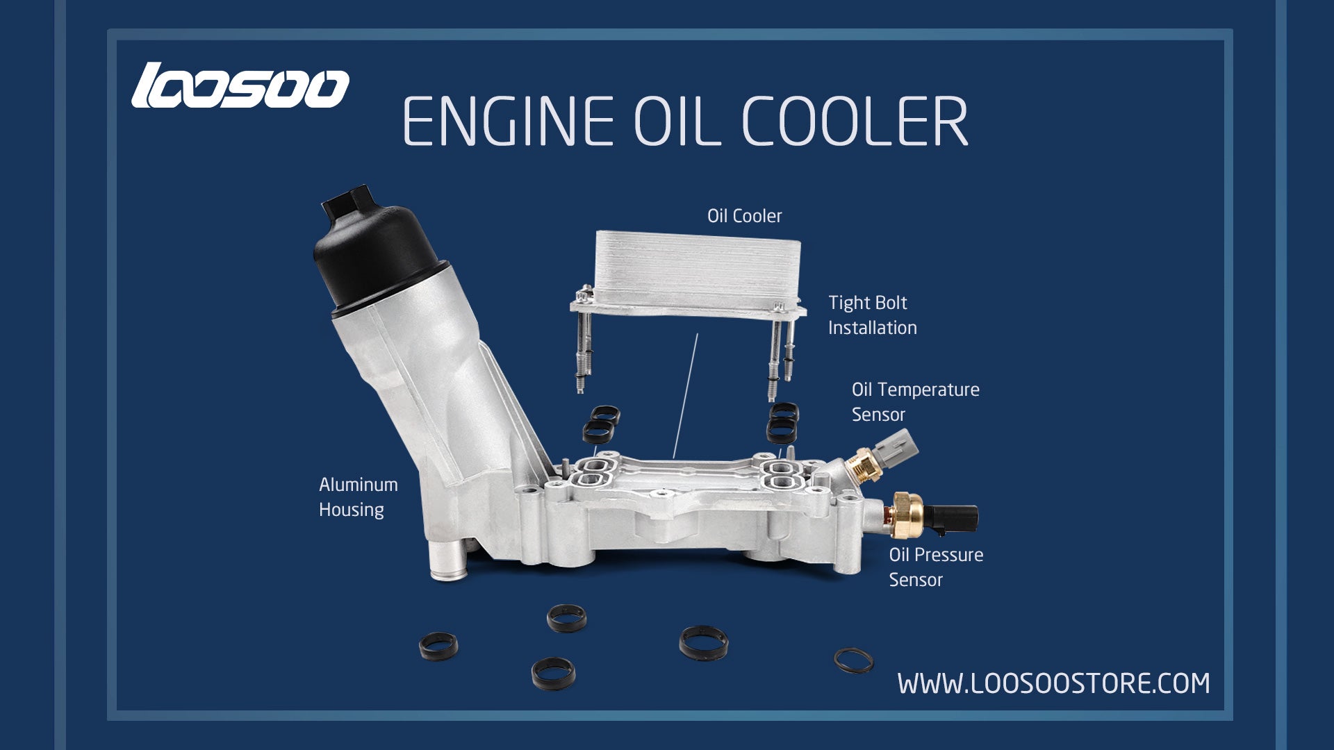With years of manufacturing experience and a strong commitment to quality, LOOSOO Engine Oil Cooler Assemblies are always in high demand. All of them meet or exceed OEM standards to maintain the better operation of the engine. We offer a full range of quality products that meet the latest automotive requirements while assuring you excellent quality and competitive prices.