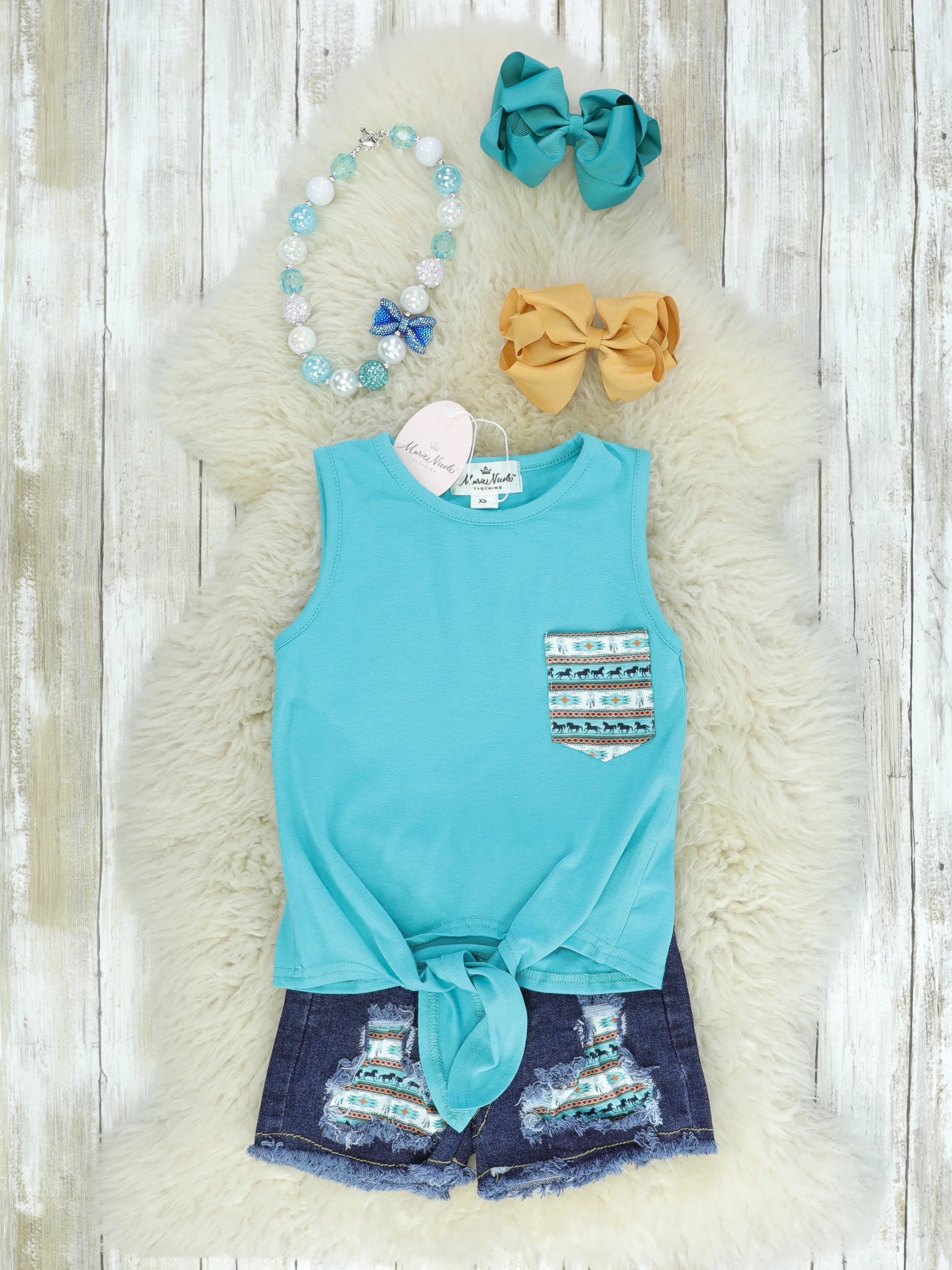 Horse Aztec Teal Tie Tank Denim Shorts Outfit