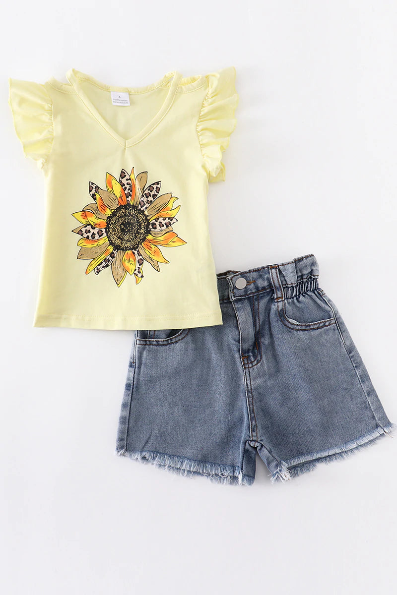 Yellow Sunflower Denims Shorts Set