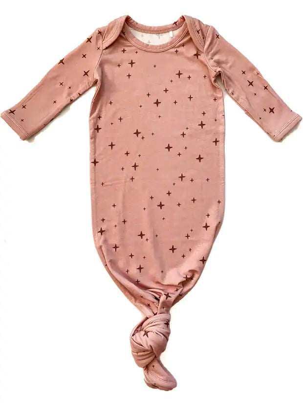 Knotted Baby Gown - Dusty Pink Brown Stars