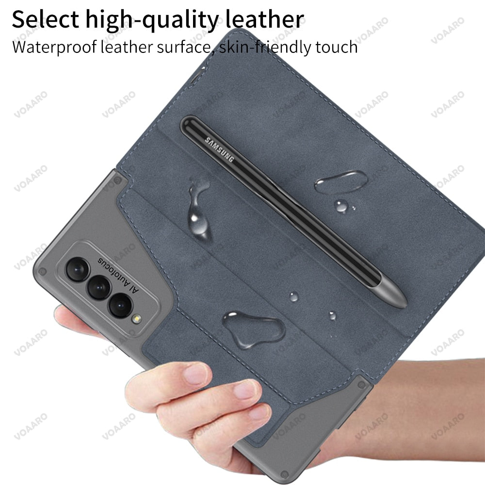 Card Slot Flip Wallet Leather Case for Samsung Galaxy Z Fold 3 4 5G Case with Removable Pen Slot Holder Cover