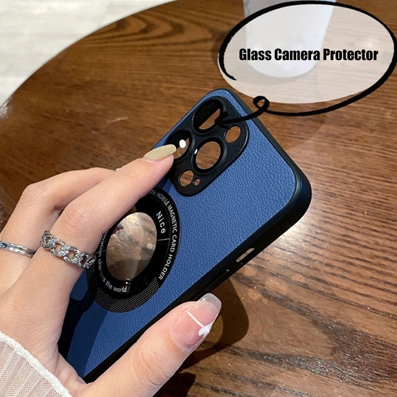 Leather Magnetic Case For iPhone 14 12 13 11 Pro Max lens protector Magsafe Logo Hole Soft Shockproof Cover