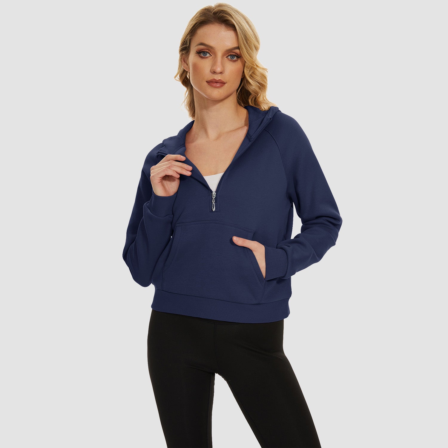 Womens Hoodie Fleece Lined 1/2 Zipper Sweatshirts Long Sleeve Crop Tops With Kangaroo Pocket