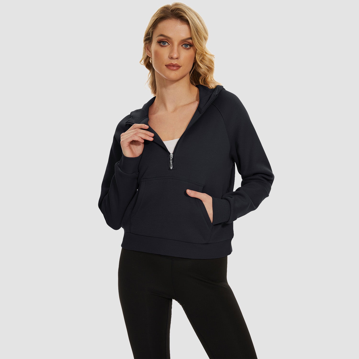 Womens Hoodie Fleece Lined 1/2 Zipper Sweatshirts Long Sleeve Crop Tops With Kangaroo Pocket