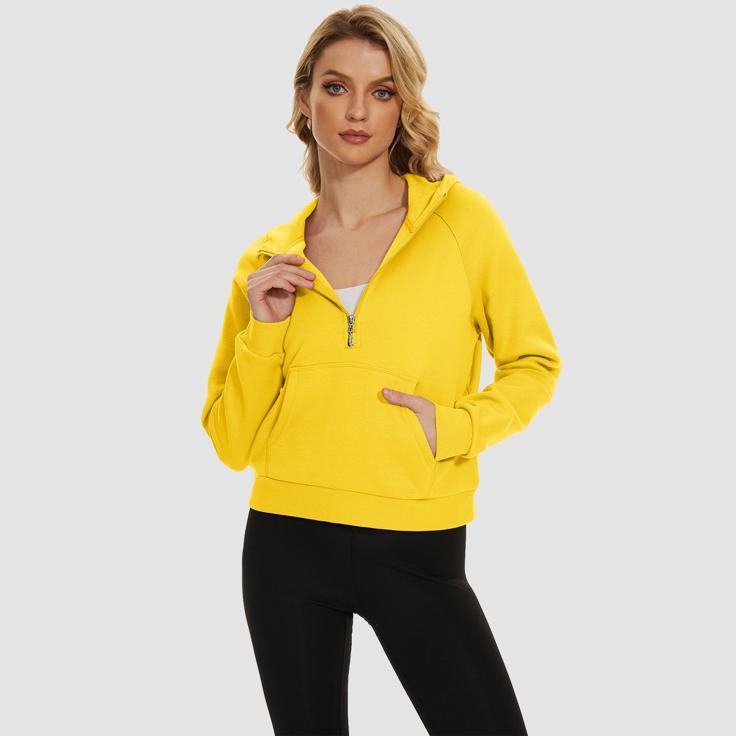 Womens Hoodie Fleece Lined 1/2 Zipper Sweatshirts Long Sleeve Crop Tops With Kangaroo Pocket