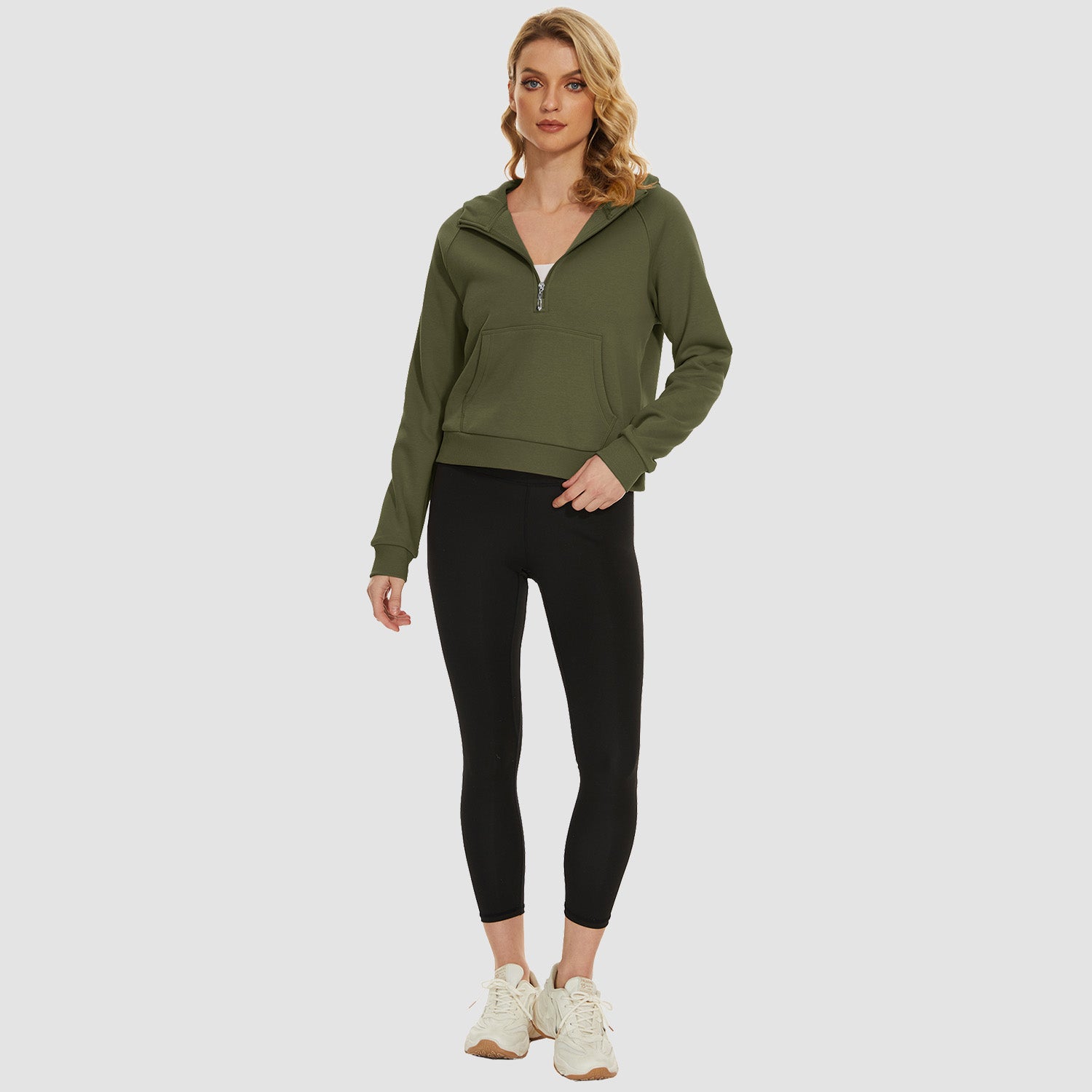 Womens Hoodie Fleece Lined 1/2 Zipper Sweatshirts Long Sleeve Crop Tops With Kangaroo Pocket