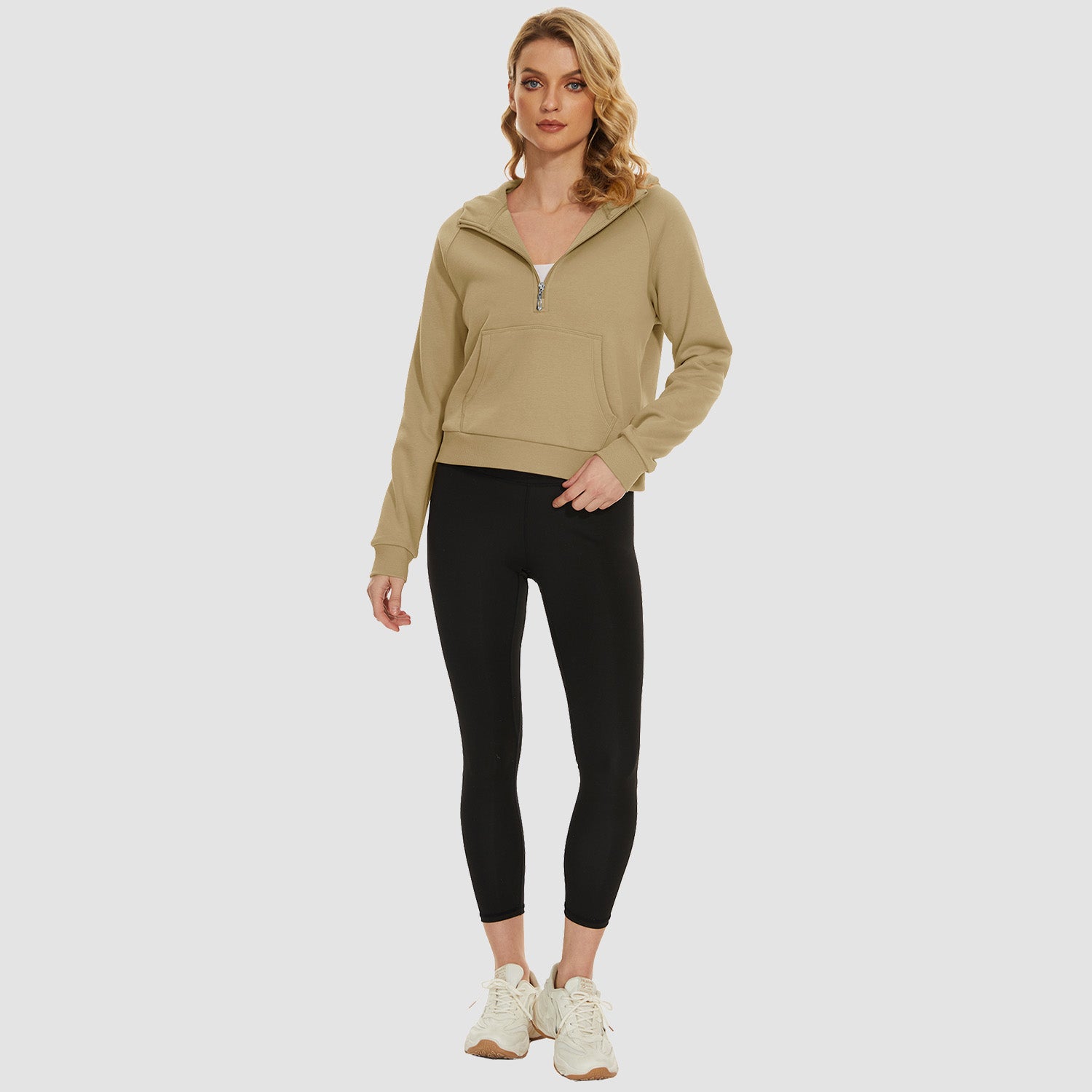 Womens Hoodie Fleece Lined 1/2 Zipper Sweatshirts Long Sleeve Crop Tops With Kangaroo Pocket