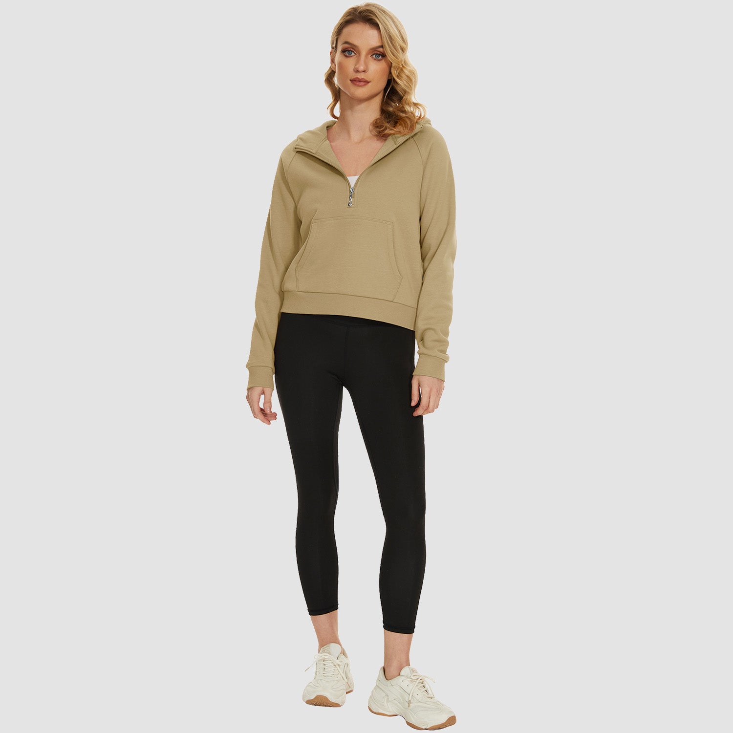 Womens Hoodie Fleece Lined 1/2 Zipper Sweatshirts Long Sleeve Crop Tops With Kangaroo Pocket