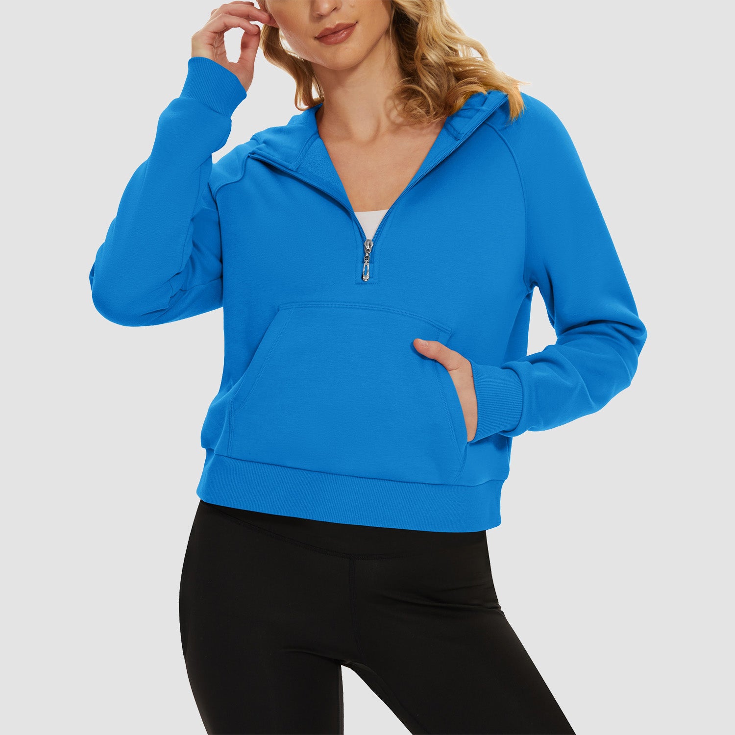 Womens Hoodie Fleece Lined 1/2 Zipper Sweatshirts Long Sleeve Crop Tops With Kangaroo Pocket