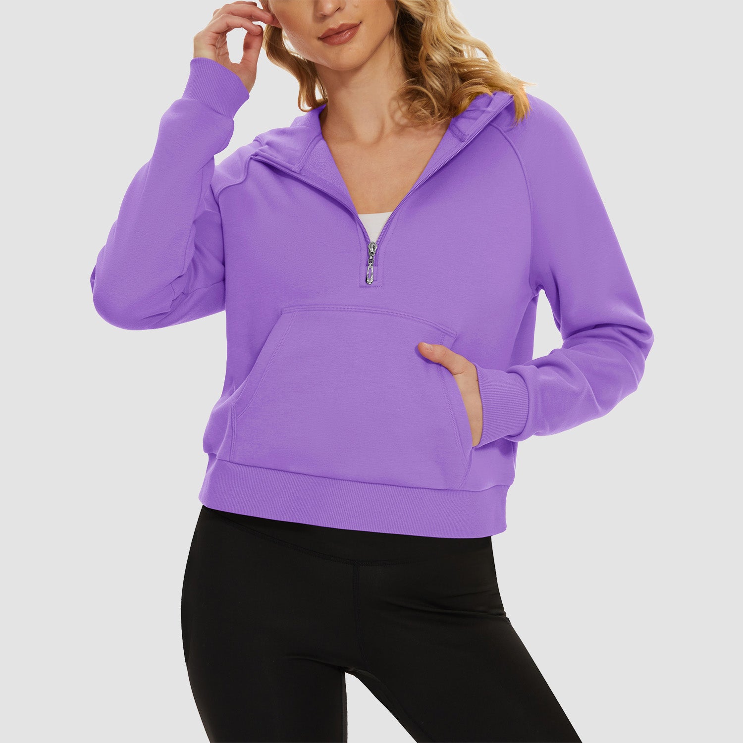 Womens Hoodie Fleece Lined 1/2 Zipper Sweatshirts Long Sleeve Crop Tops With Kangaroo Pocket