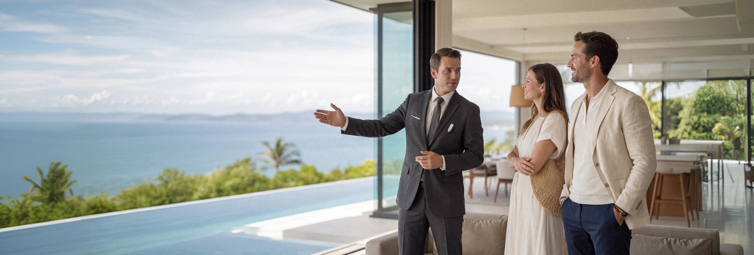 A real estate agent wearing a white Plaud NotePin on his grey suit lapel shows a couple a luxury home with an infinity pool.