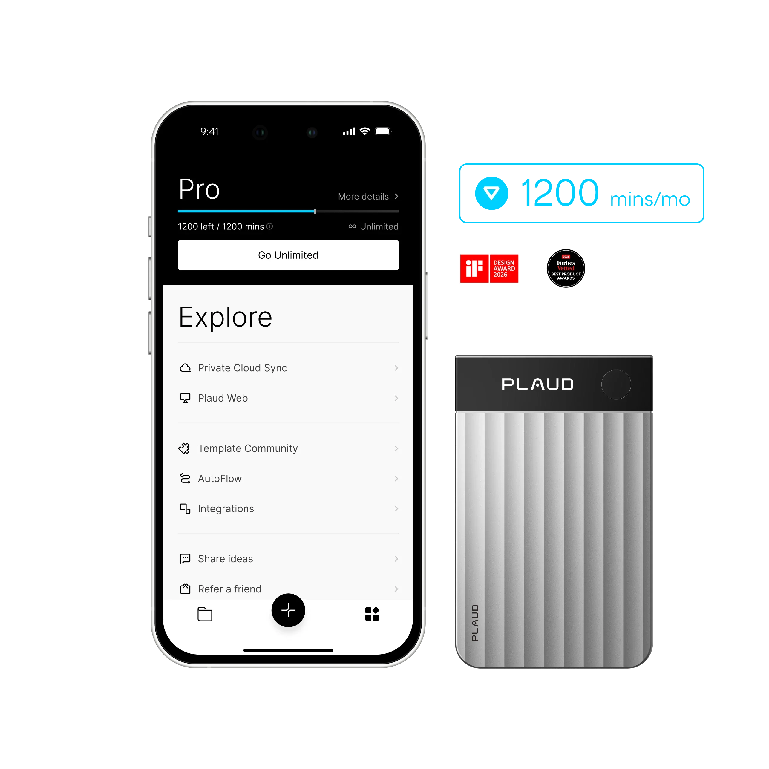 A silver Plaud Note Pro device is shown next to a smartphone displaying the Plaud App's Pro plan, featuring 1200 mins/mo and