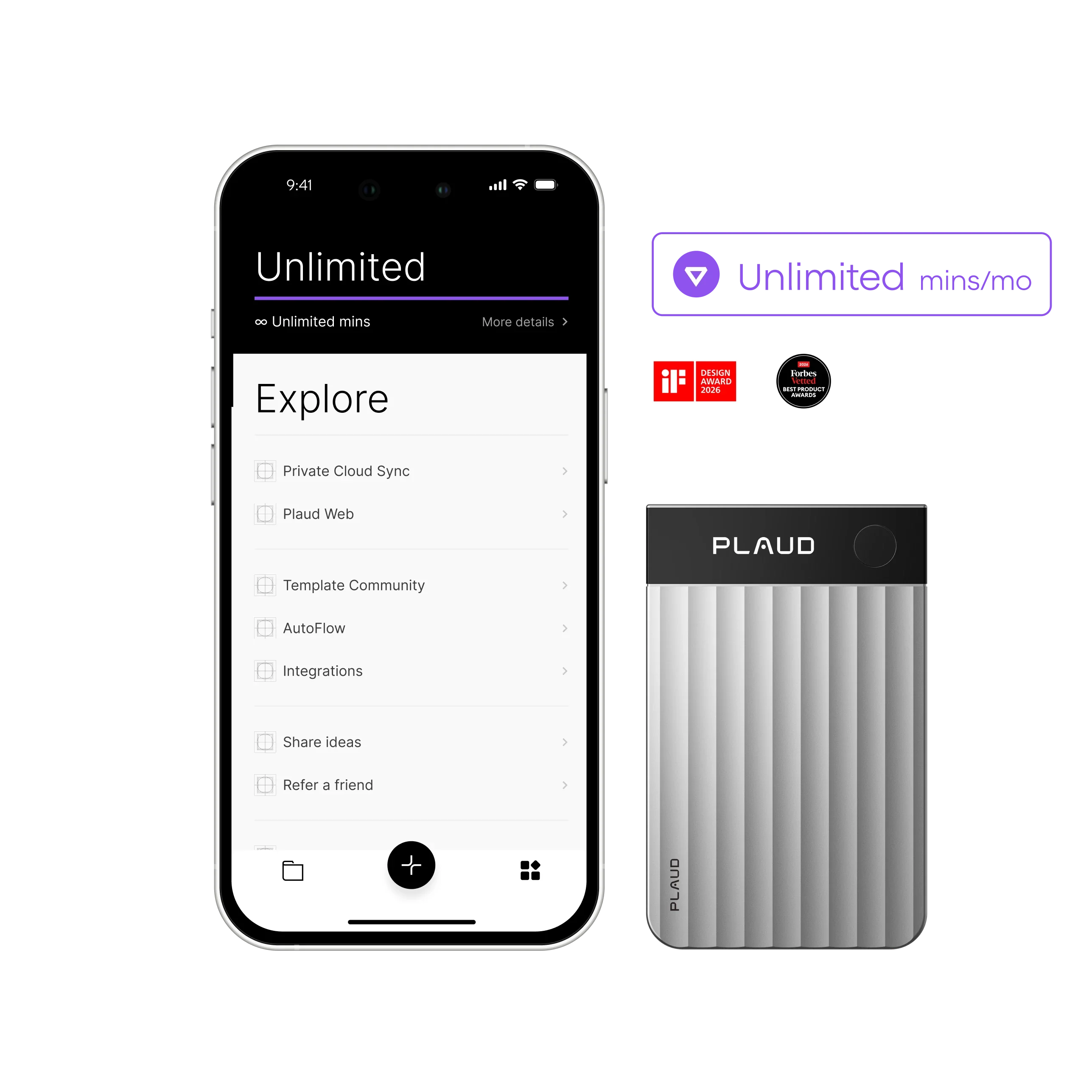 A black smartphone displays the Plaud App's "Unlimited" plan features next to a silver Plaud Note Pro, with award badges.