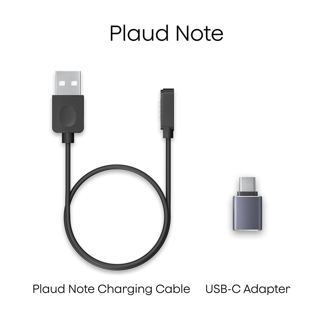 A black Plaud Note charging cable and a gray USB-C adapter are displayed on a white background.