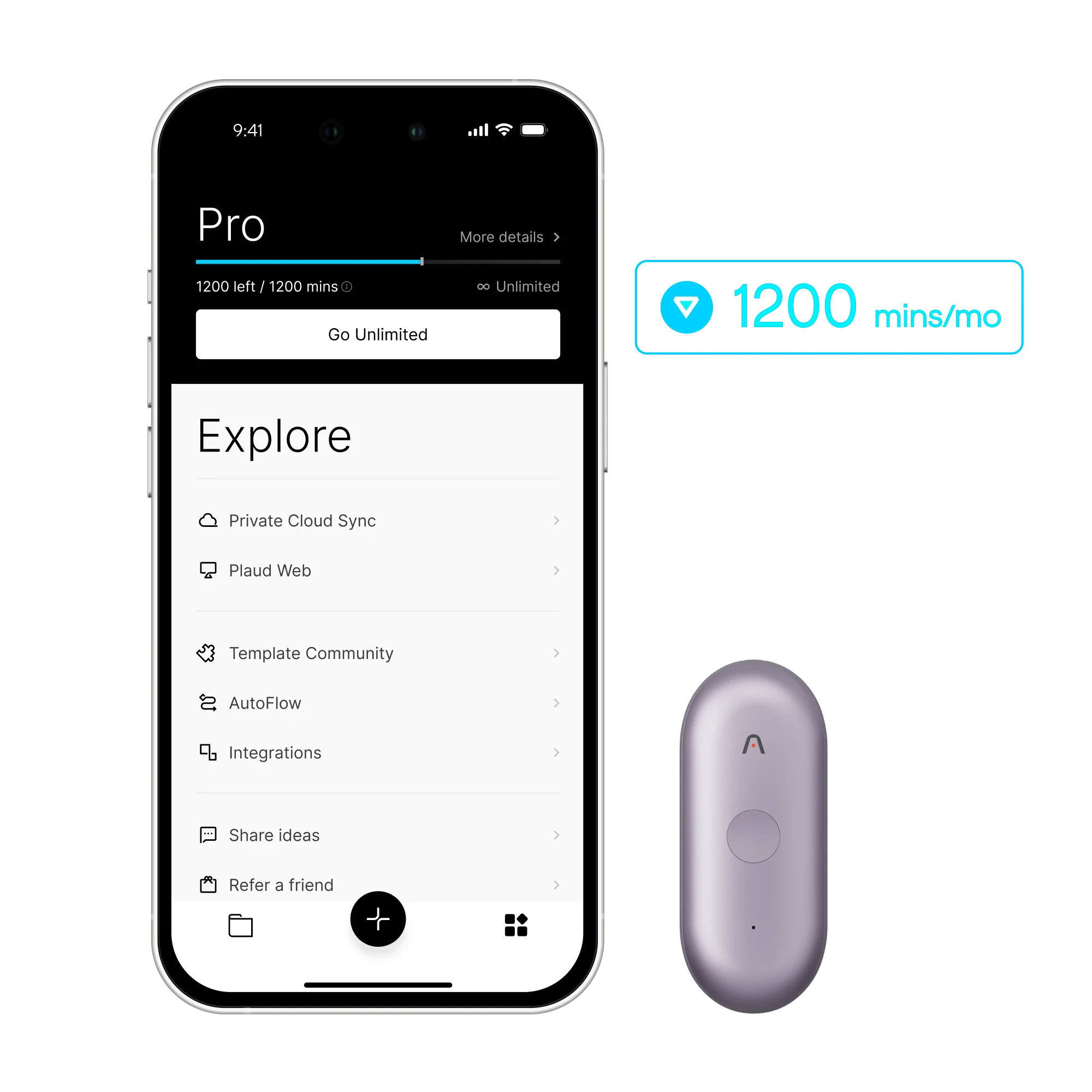 A smartphone displays the Plaud App's "Pro" plan and "Explore" features, next to a light purple Plaud NotePin S, with "1200 m