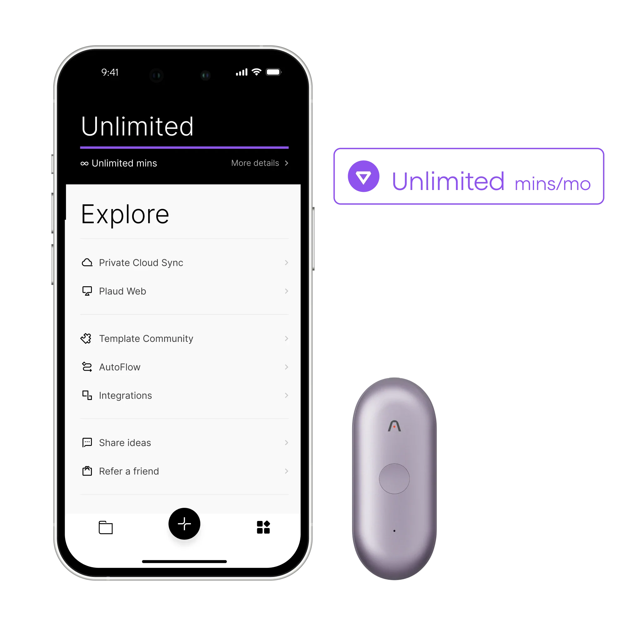A smartphone displays the Plaud App's 'Unlimited' plan features, alongside a light purple Plaud NotePin S and an 'Unlimited m