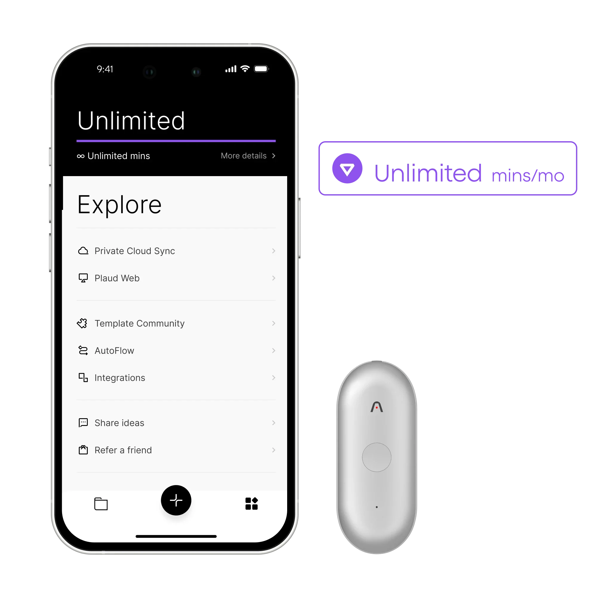 A smartphone displays the Plaud App's 'Unlimited' plan features next to a white Plaud NotePin S and an 'Unlimited mins/mo' gr