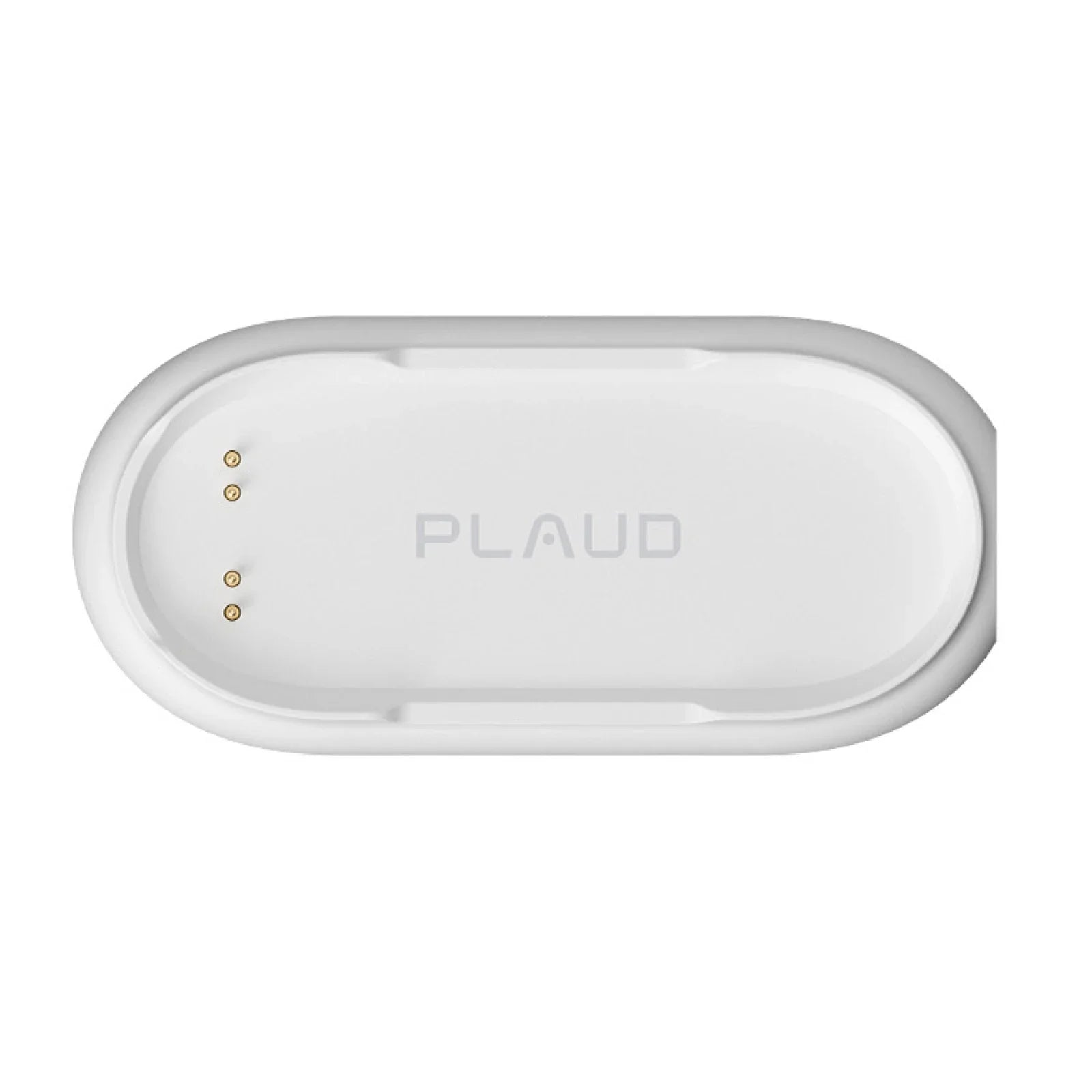 A white, oval Plaud NotePin charging case featuring gold contact pins and the Plaud logo.