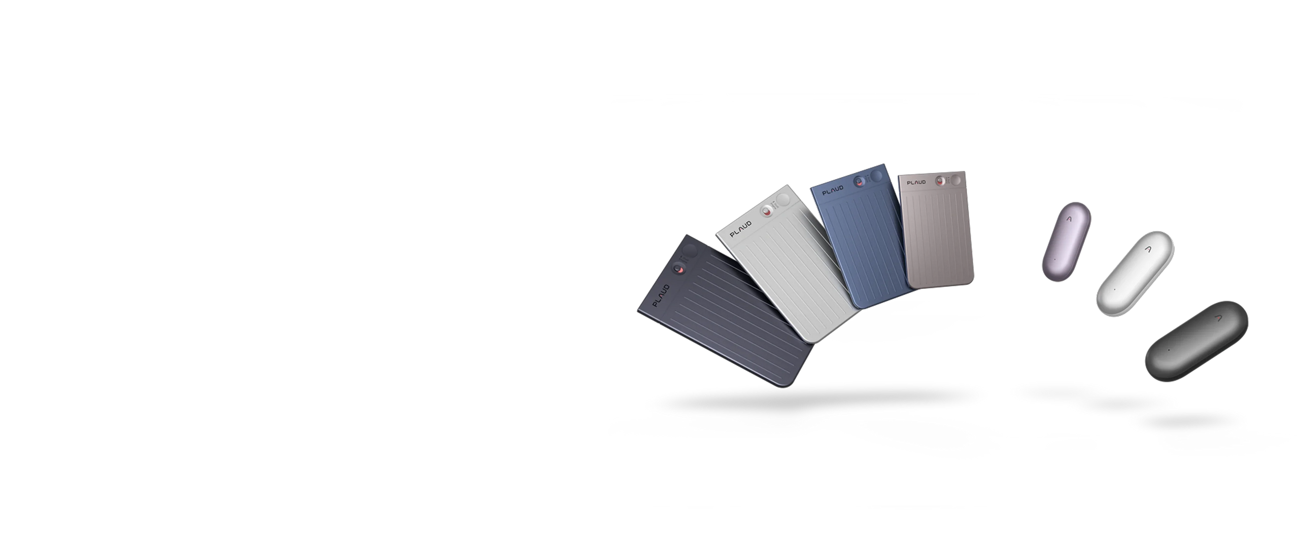 Five Plaud Note devices in dark gray, silver, blue, and beige are fanned out and floating alongside three floating Plaud Note