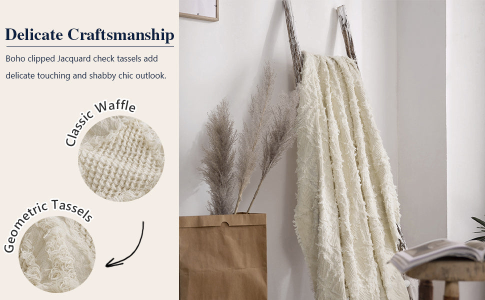 Simple&Opulence Boho Clipped Jacquard Check Tassels