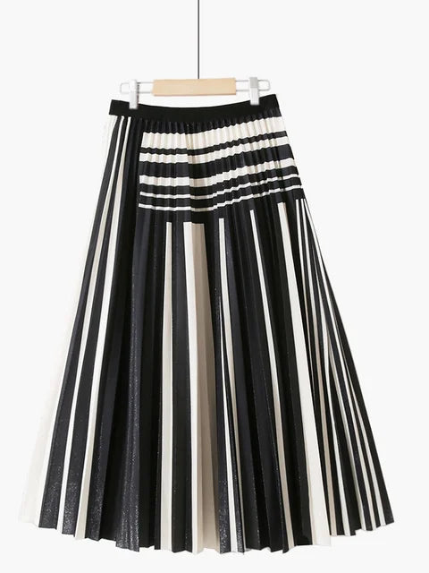 XFPV 2023 New Autumn Summer Fashion Korean Shiny Simple Elegant Pleated Striped Stitching Slim Mid-length Pleated Skirt SM1972