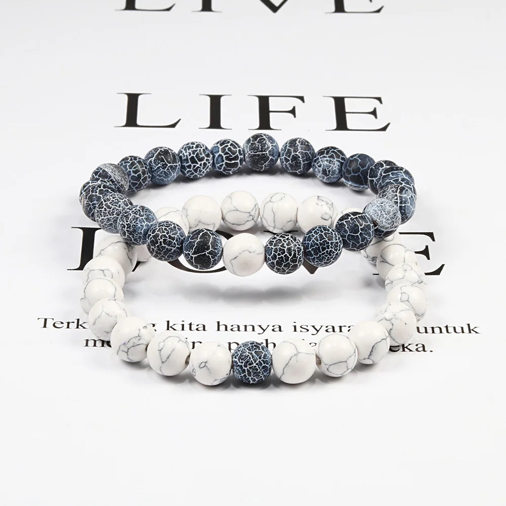 Couples Distance Bracelets - Black and White Natural Lava Stone