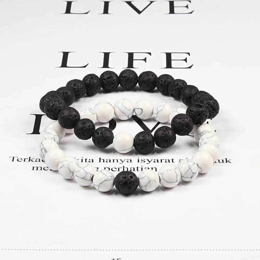 Couples Distance Bracelets - Black and White Natural Lava Stone