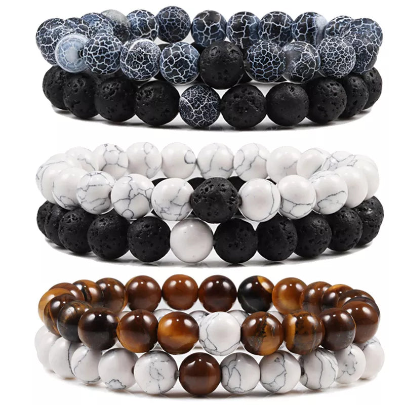 Couples Distance Bracelets - Black and White Natural Lava Stone