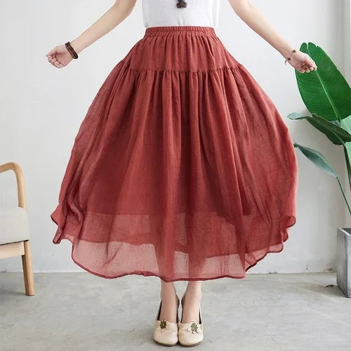 Elastic High Waist Cotton and Linen Solid Color Midi Skirt Women Loose Casual Vintage A-line Pleated Skirts Female Clothes