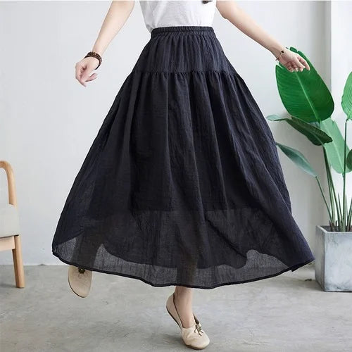 Elastic High Waist Cotton and Linen Solid Color Midi Skirt Women Loose Casual Vintage A-line Pleated Skirts Female Clothes