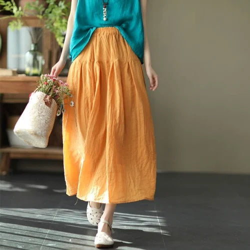 Elastic High Waist Cotton and Linen Solid Color Midi Skirt Women Loose Casual Vintage A-line Pleated Skirts Female Clothes