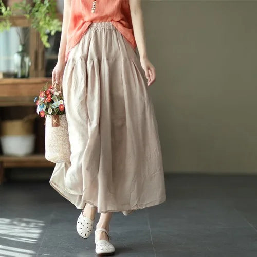 Elastic High Waist Cotton and Linen Solid Color Midi Skirt Women Loose Casual Vintage A-line Pleated Skirts Female Clothes