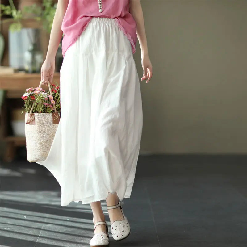 Elastic High Waist Cotton and Linen Solid Color Midi Skirt Women Loose Casual Vintage A-line Pleated Skirts Female Clothes