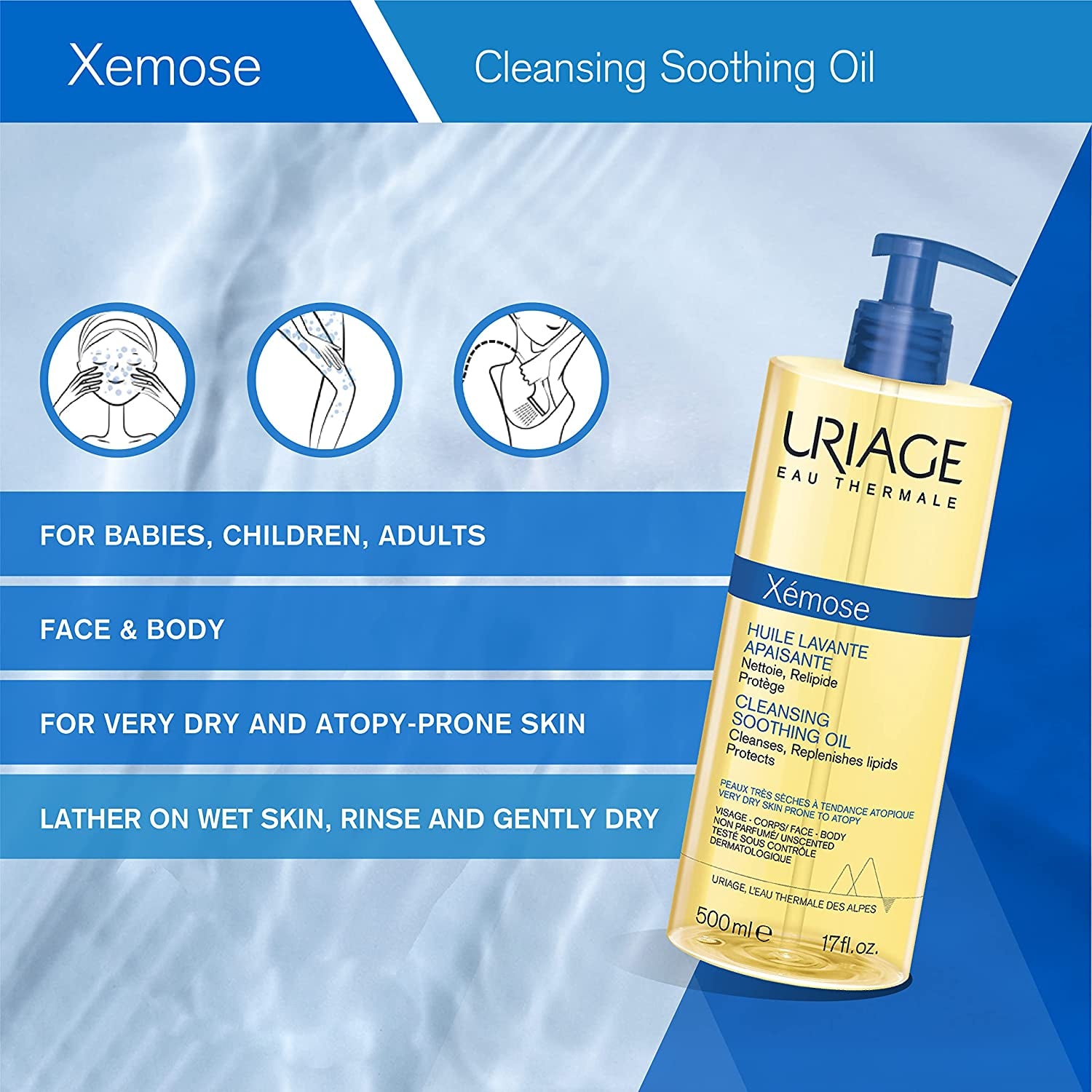 URIAGE Xemose Cleansing Soothing Oil 17 Fl.Oz. | Face and Body Cleanser That Brings Instant and Long-Lasting Comfort to Very Dry Skin & Soothes Itching Sensations | Soap-Free, Fragrance-Free - Free & Fast Delivery