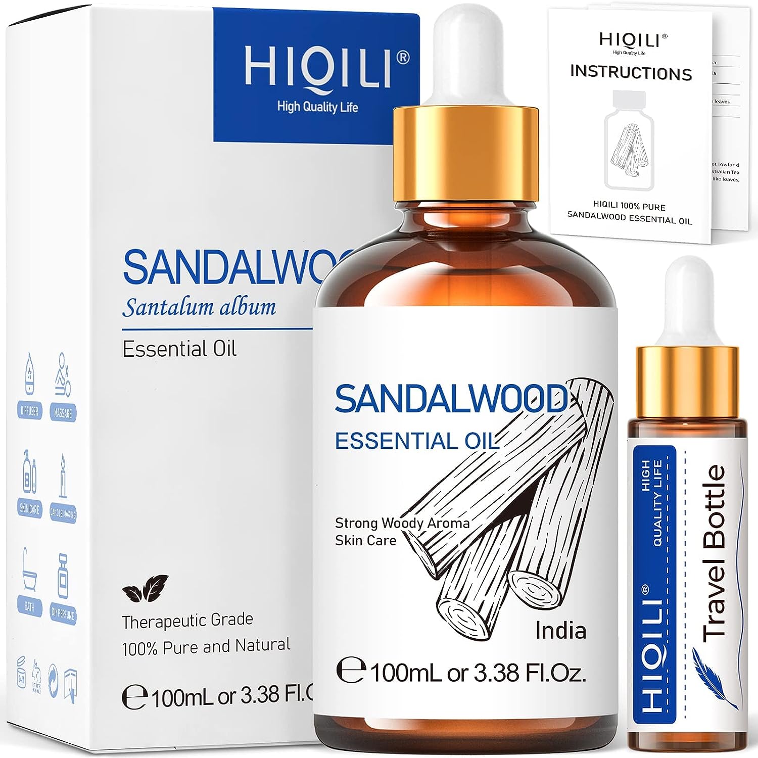 HIQILI Sandalwood Essential Oils,Premium Sandalwood Oil for Diffuser, Skin, Hair, Candle Soap Making, Perfume DIY, Men, Women-100Ml