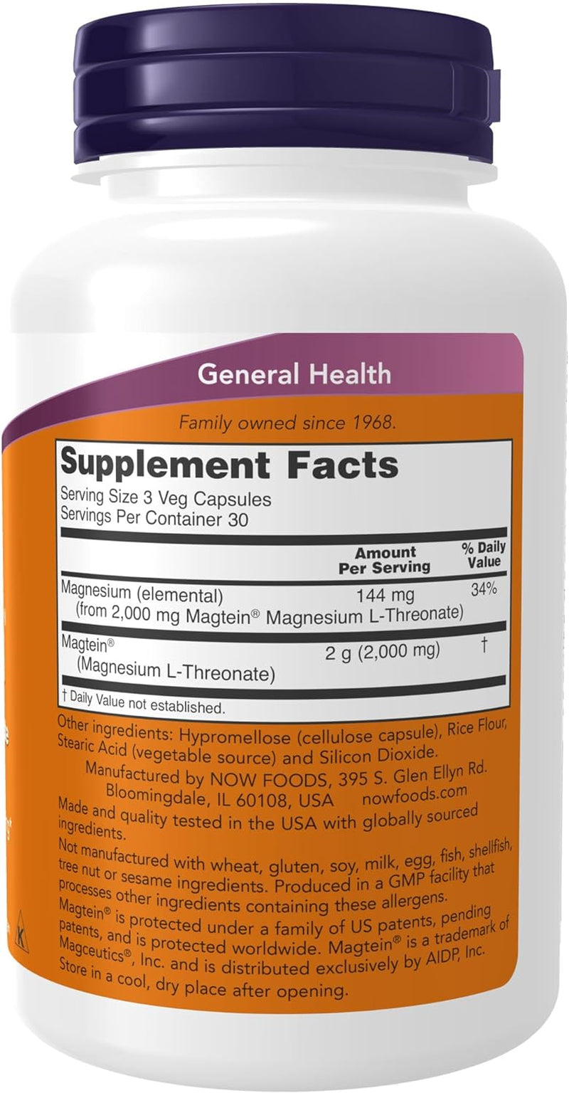 NOW Supplements, Magtein? with Patented Form of Magnesium (Mg), Cognitive Support*, 90 Veg Capsules