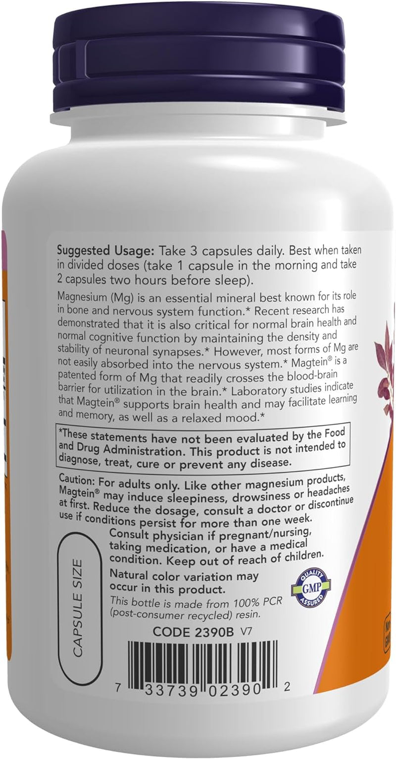 NOW Supplements, Magtein? with Patented Form of Magnesium (Mg), Cognitive Support*, 90 Veg Capsules