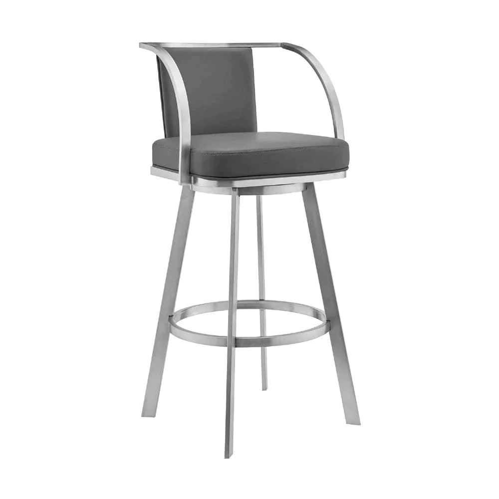 Metal Swivel Barstool with Open Curved Frame Arms, Gray and Silver - BM271169
