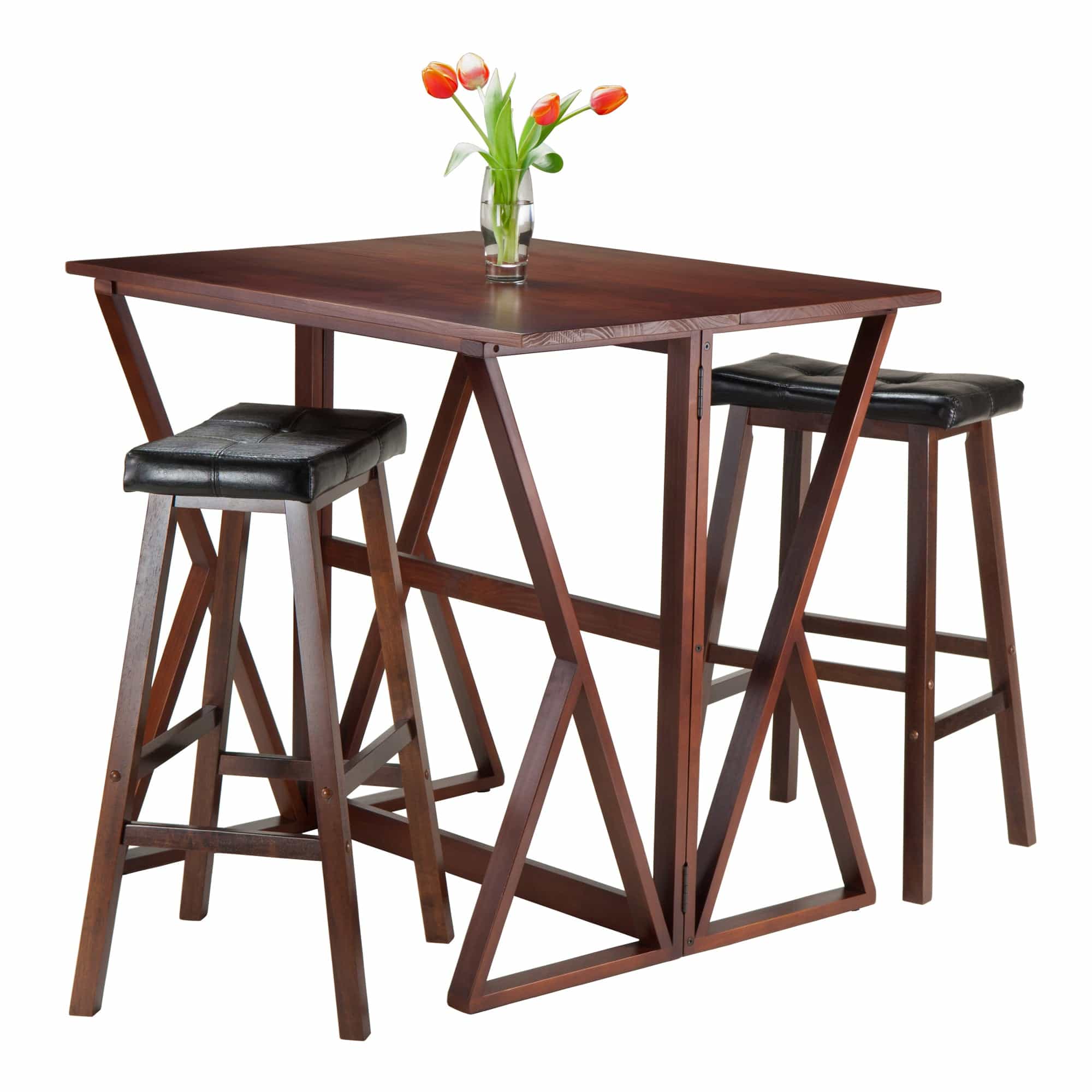 Harrington 3-Pc Drop Leaf High Table with Cushion Saddle Seat Bar Stools, Walnut and Black