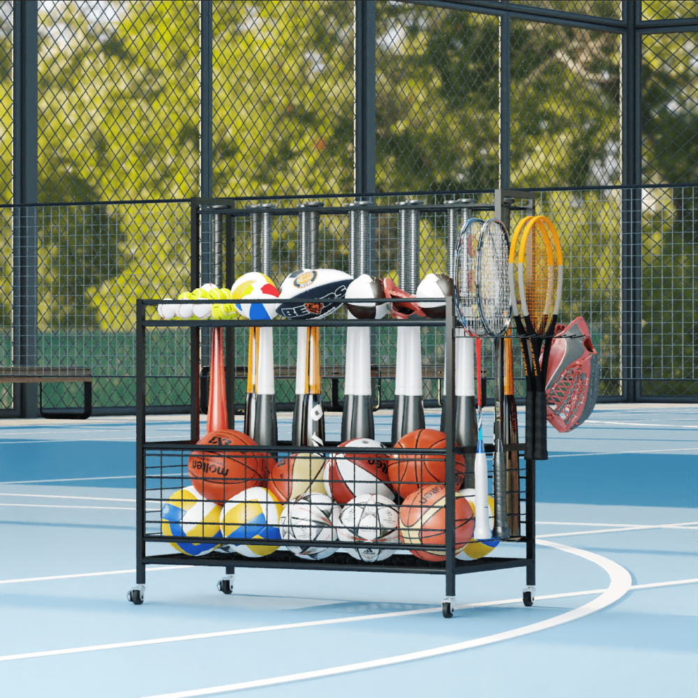 Sports Equipment Organizer, Basketball Storage Rack, Sports Organizer Cart with Basket and Hooks