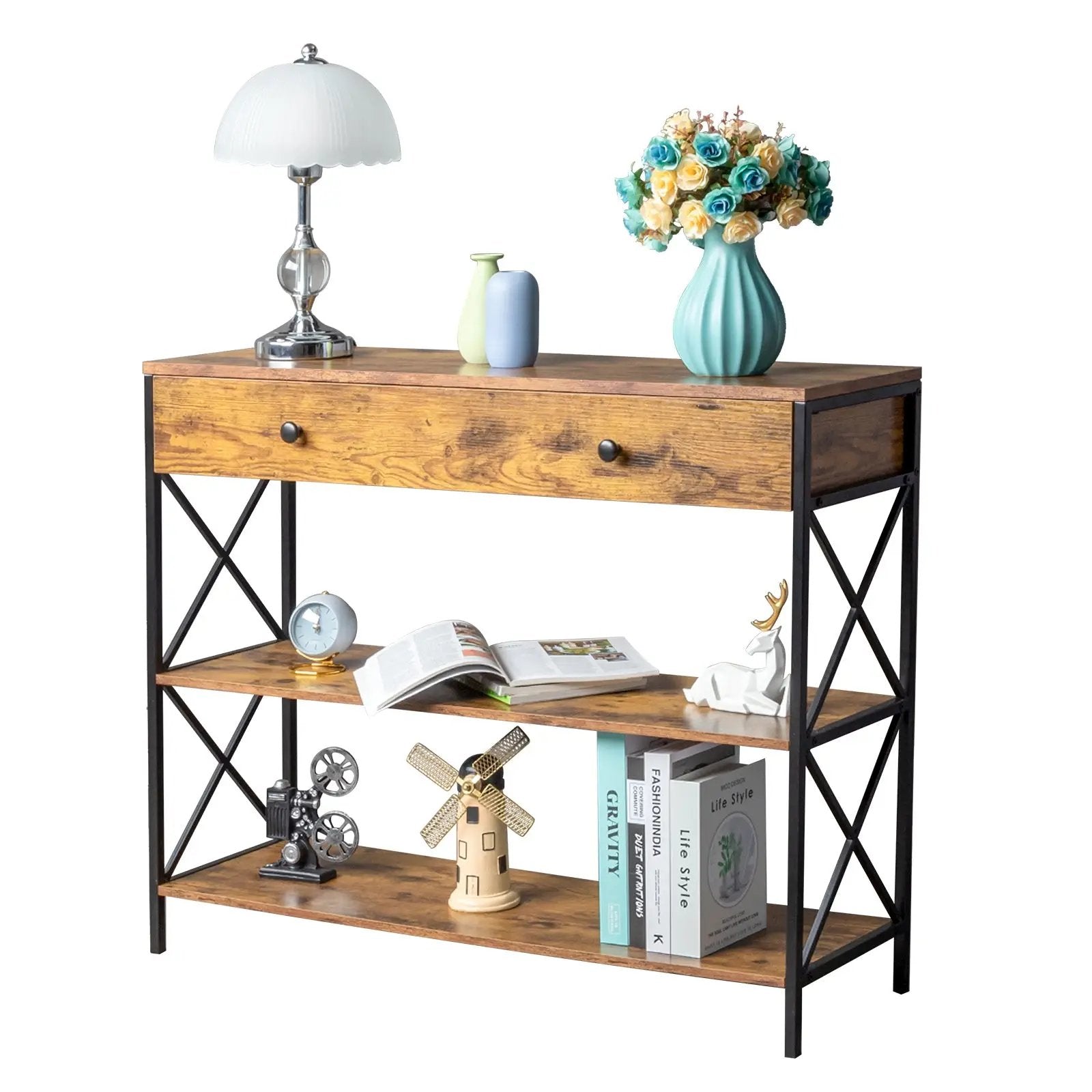 3 Tier Console Table for Entryway with Drawer and 2 Open Storage, Industrial Sofa Table with Storage for Living Room.