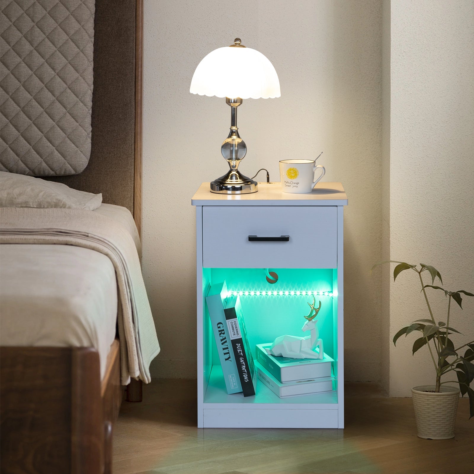 FCH 40*35*60cm Particleboard Pasted Triamine Single Drawer With Socket With LED Light Bedside Table White