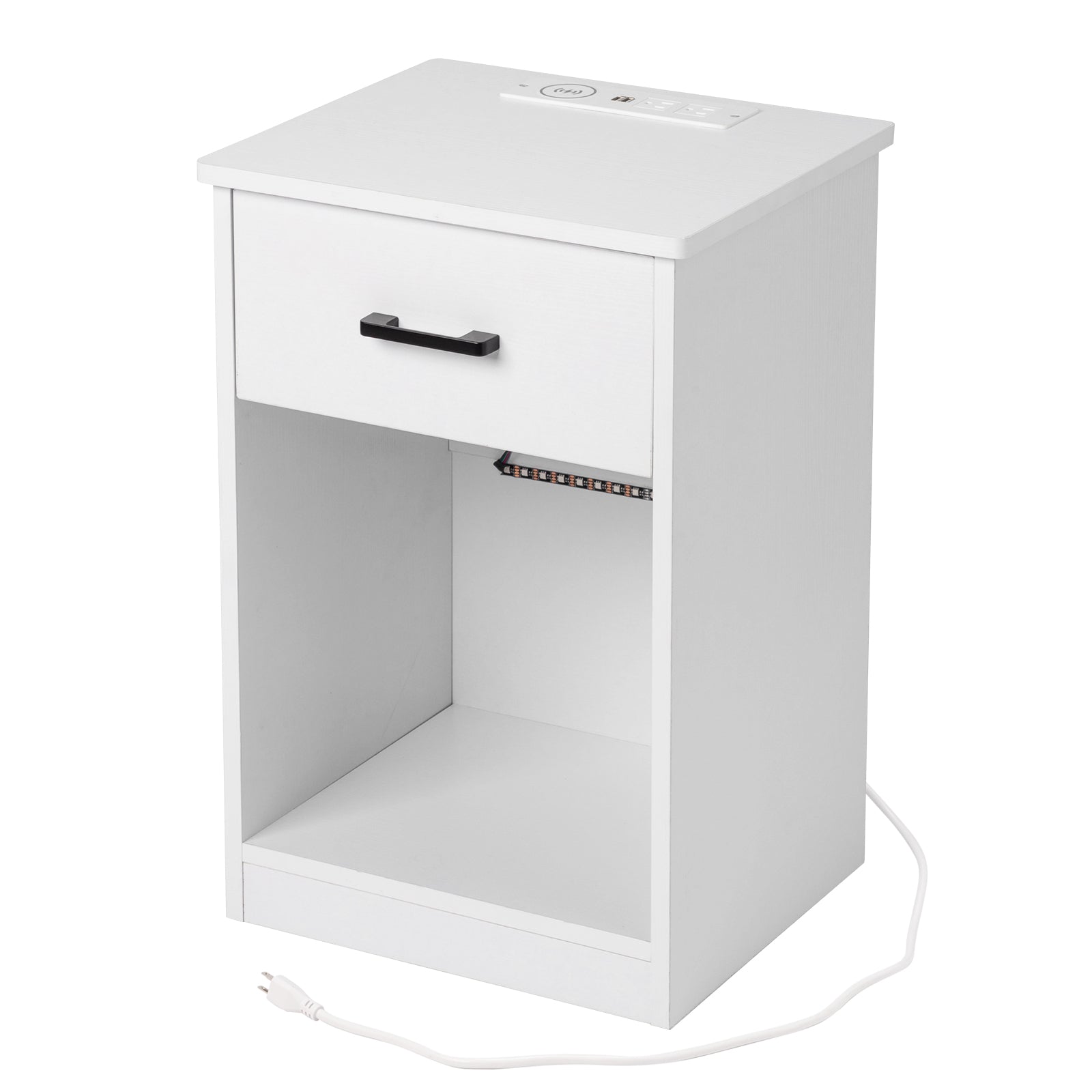 FCH 40*35*60cm Particleboard Pasted Triamine Single Drawer With Socket With LED Light Bedside Table White