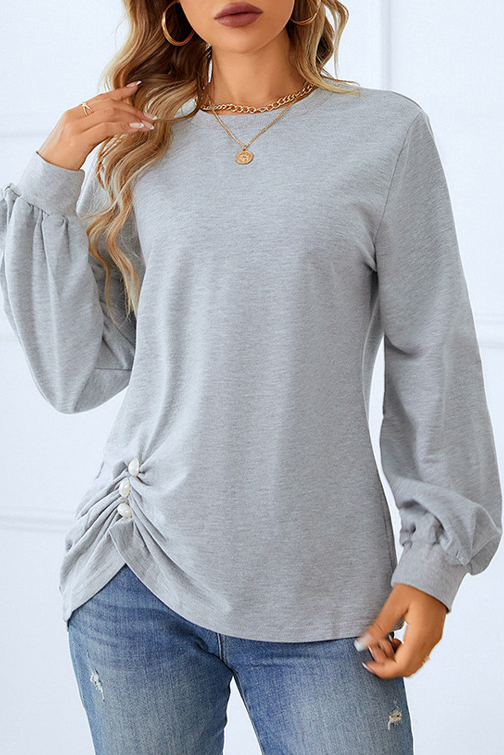 Light Grey Solid Color Ruched Decor Long Sleeve Top
